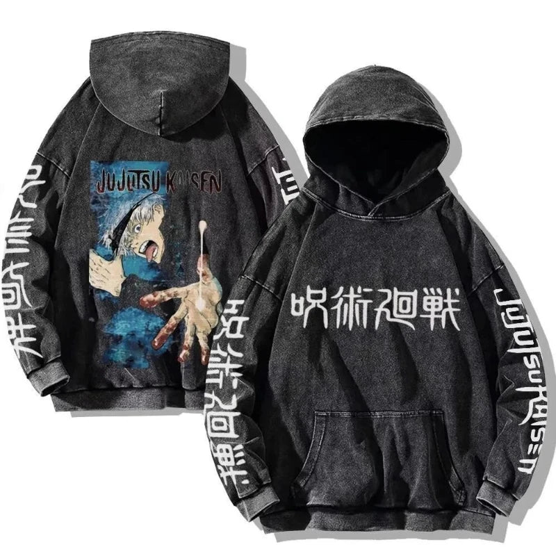 Jujutsu Kaisen Vintage Washed Hoodie – Oversized Anime Streetwear Pullover