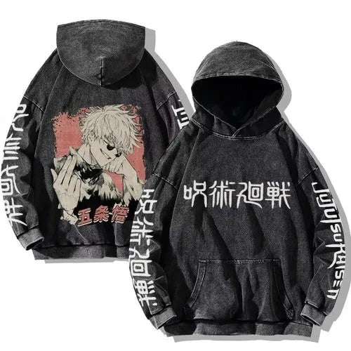 Jujutsu Kaisen Vintage Washed Hoodie – Oversized Anime Streetwear Pullover