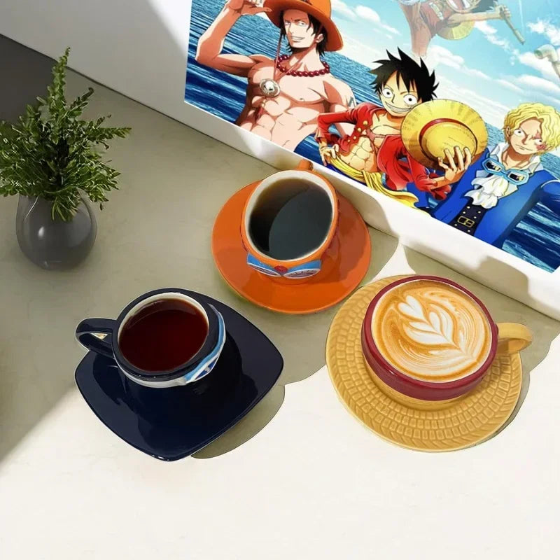 One Piece Luffy, Ace & Sabo Hat Coffee Mug with Saucer