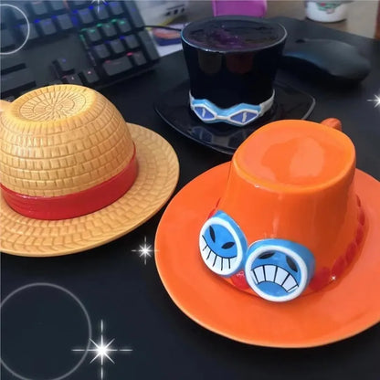 One Piece Luffy, Ace & Sabo Hat Coffee Mug with Saucer