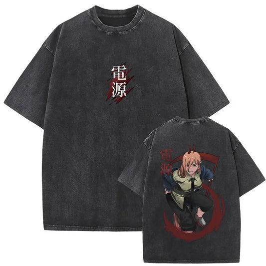 Chainsaw Man Vintage Washed Graphic T-Shirt – Oversized Anime Tee