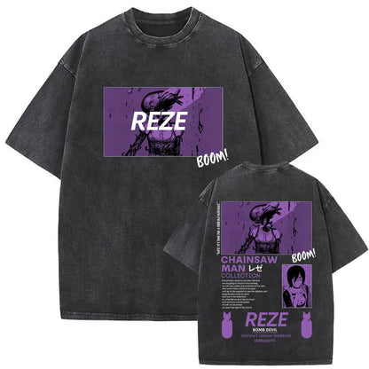 Chainsaw Man Vintage Washed Graphic T-Shirt – Oversized Anime Tee
